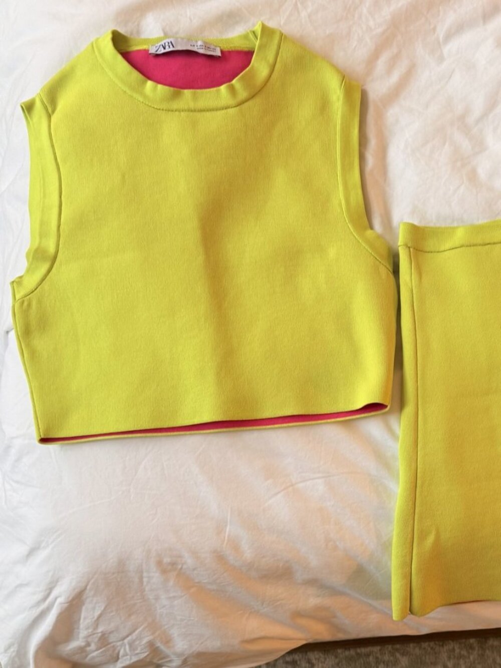 Zara Lime Green Knit Matching Set Crop Tank & Mini Skirt Pink Lining